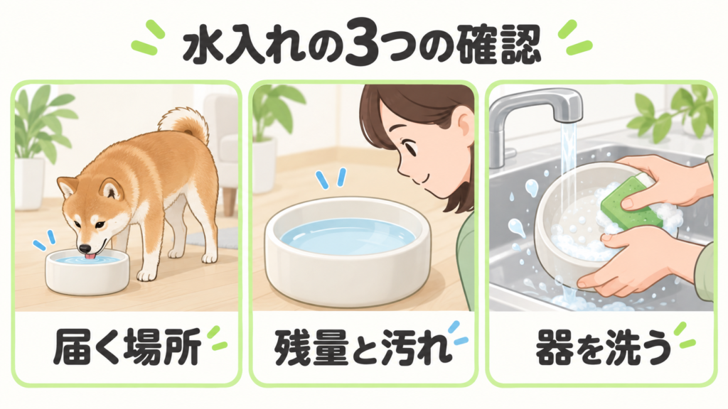 犬の水入れの置き場所、残量と汚れ、器の洗浄を示す図