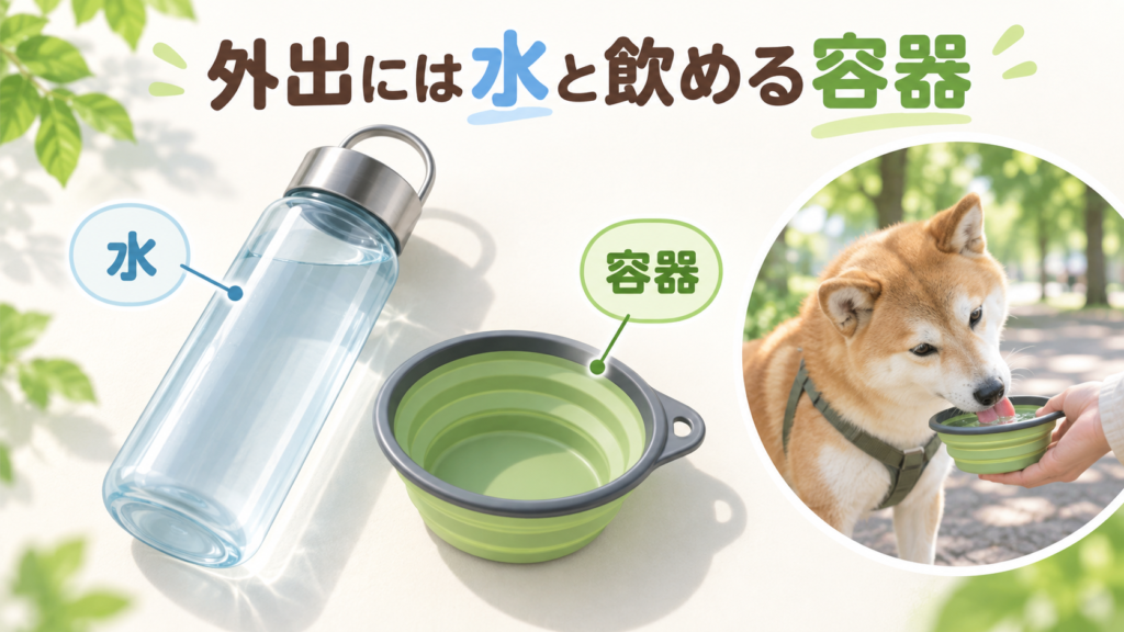 犬との外出用の水と携帯容器を示す図