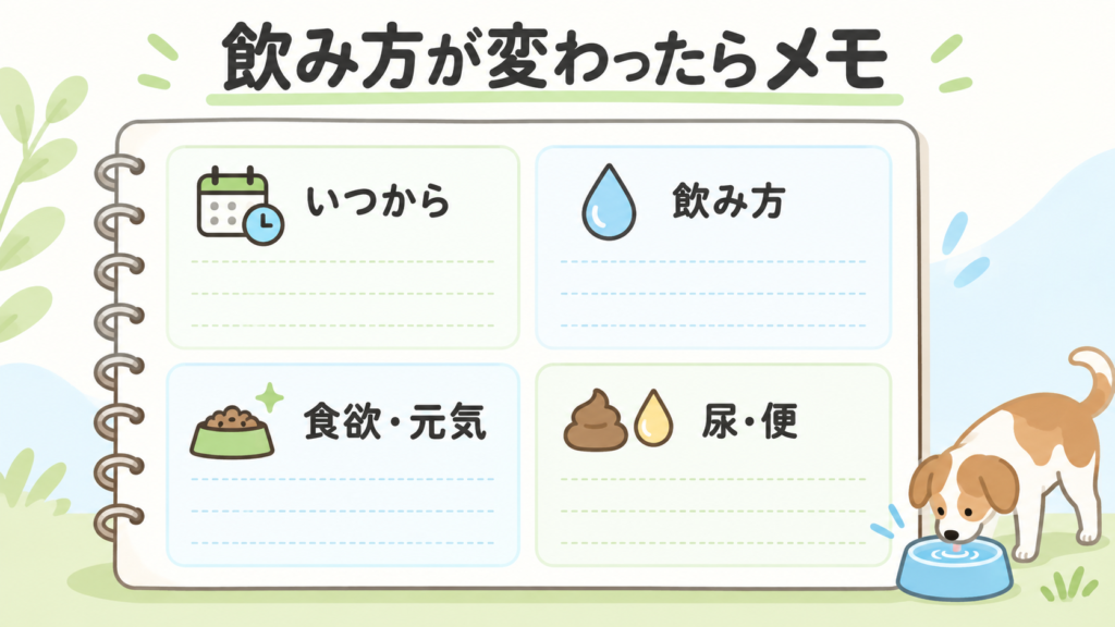 犬の飲み方の変化と体調を記録する4項目のメモ図