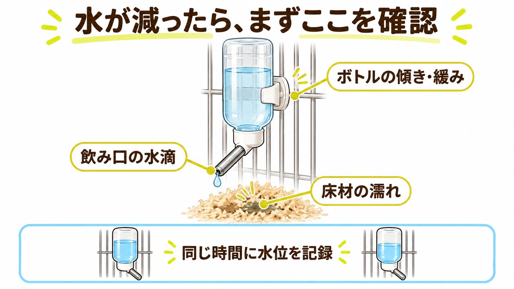 給水ボトルの飲み口、床材、取り付けを点検し、同じ時間に水位を記録する図