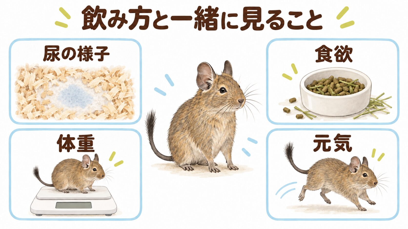 飲水の変化とともに尿、食欲、体重、元気を観察する4項目の図