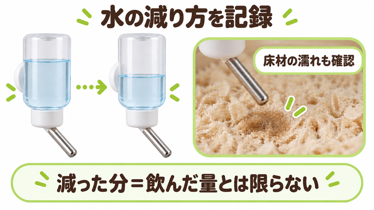給水ボトルの水位の変化と、床材が濡れていないかを見比べる図。