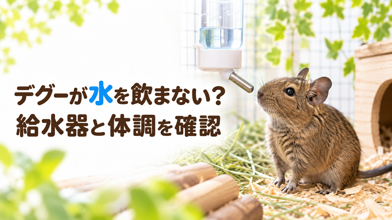 給水ボトルのそばにいるデグーと「デグーが水を飲まない？ 給水器と体調を確認」の文字。