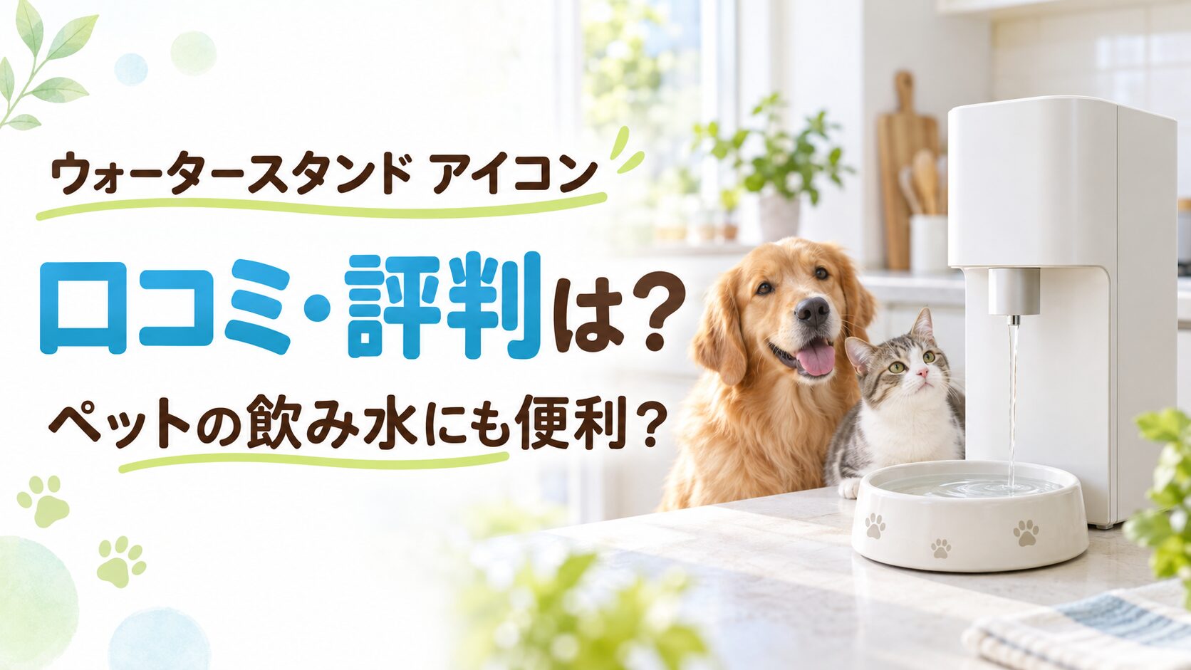 ウォータースタンド アイコンの口コミ・評判と、犬猫の飲み水への使い方を紹介するアイキャッチ