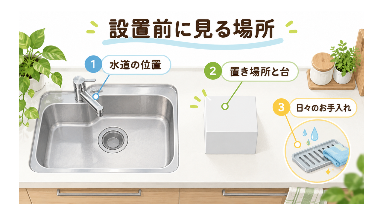 キッチンで水道の位置、サーバーの置き場所、手入れ箇所を確認する図