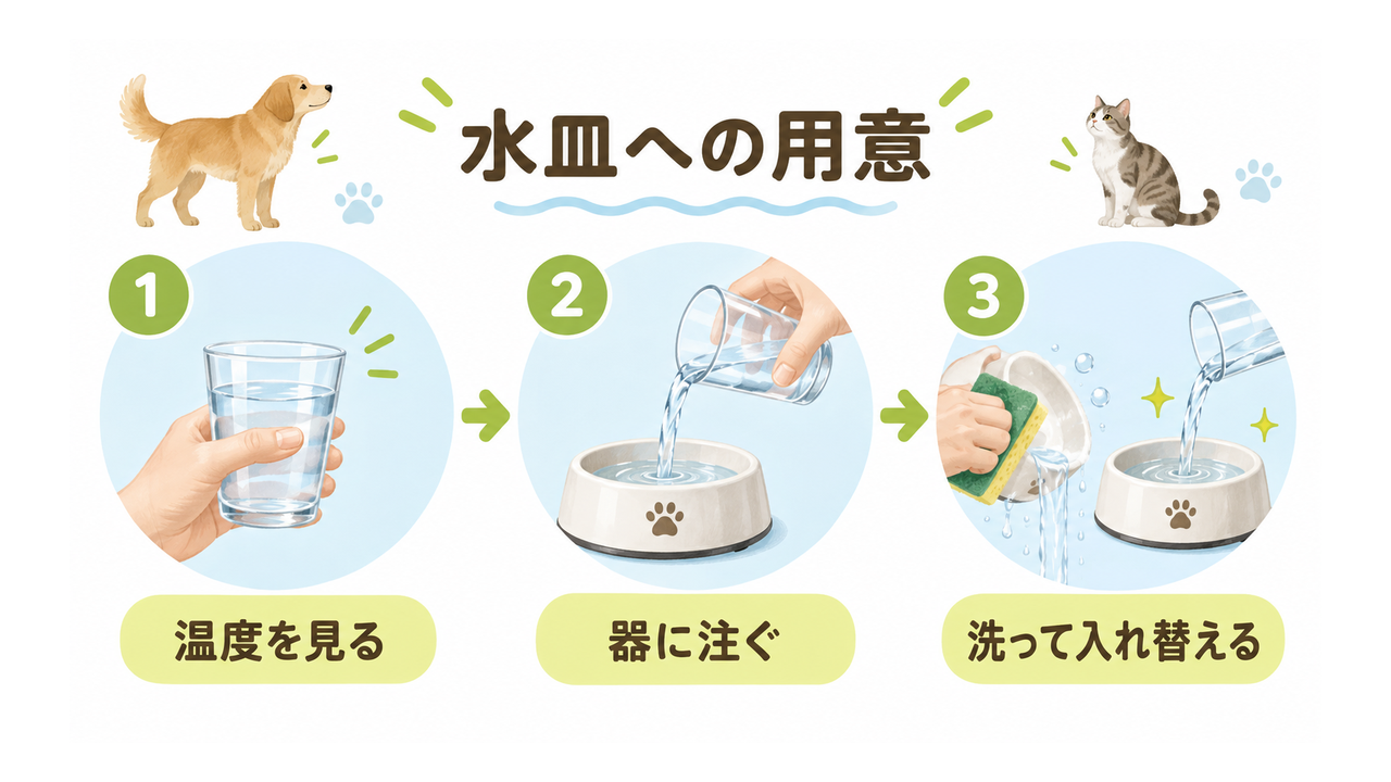 出した水の温度を見て犬猫の水皿に注ぎ、器を洗って水を替える手順図