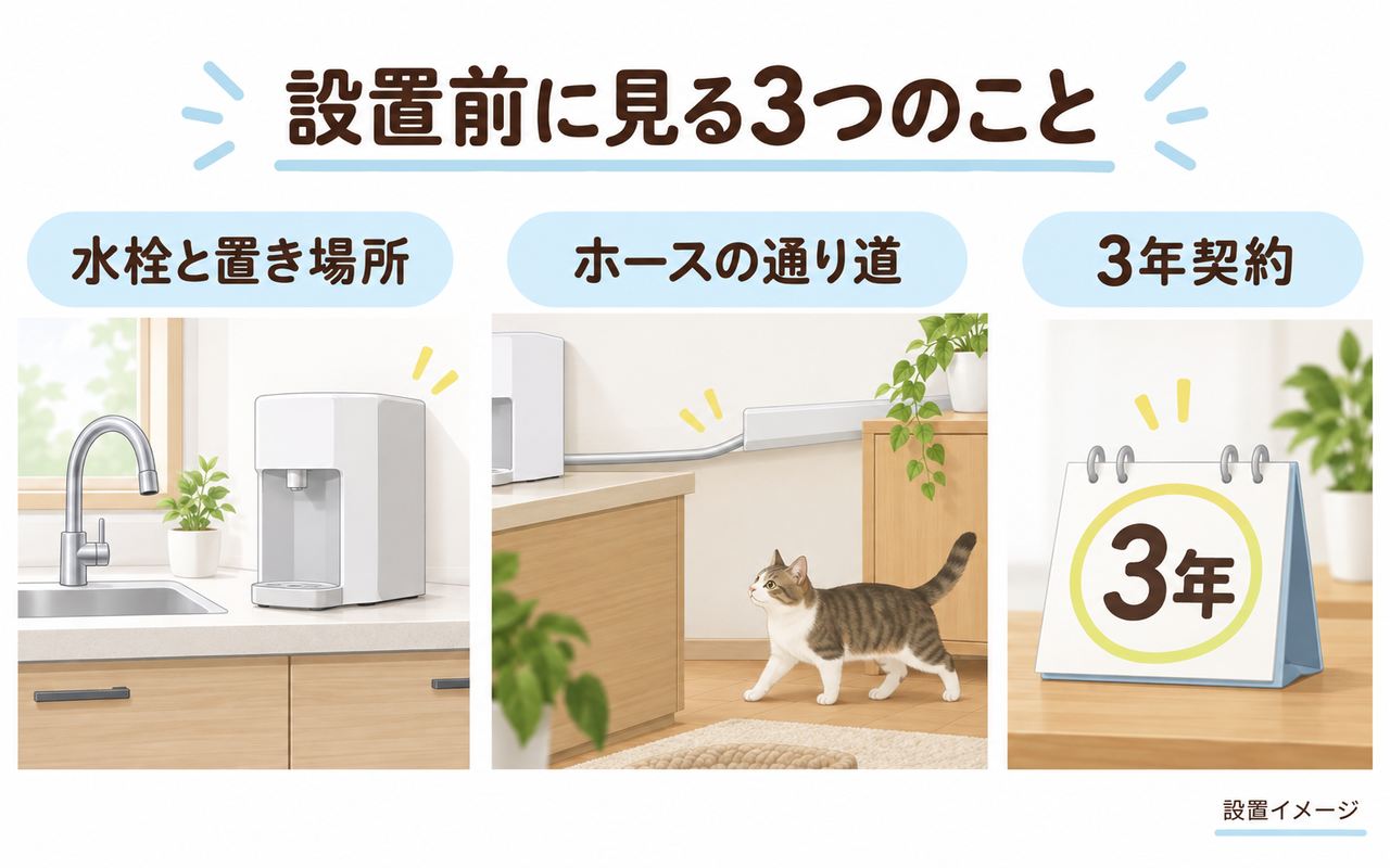 水栓、本体、ホースの配置と3年契約の確認点を示す模式図
