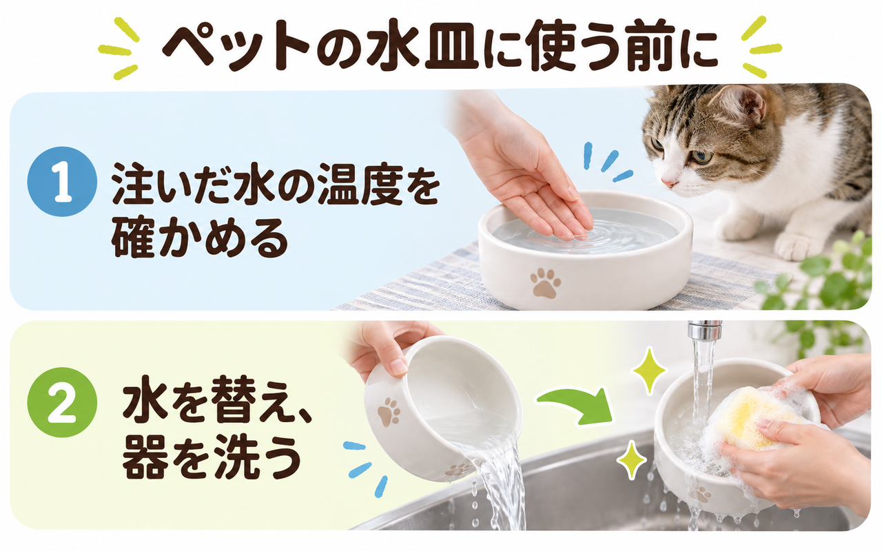ペットの水皿に注ぐ前の温度確認と、水の交換・器の洗浄を示す図