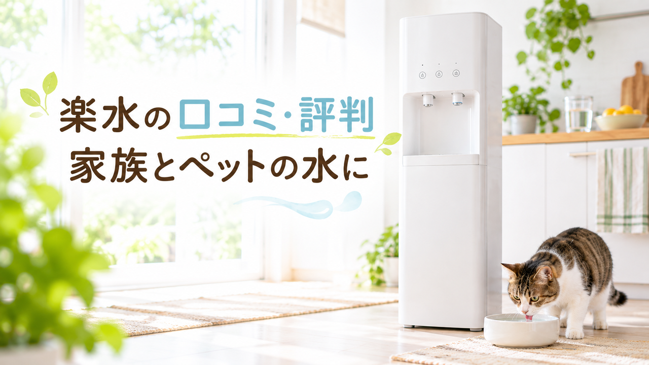 白いウォーターサーバーと水皿で水を飲む猫を描いた楽水の口コミ・評判記事のアイキャッチ