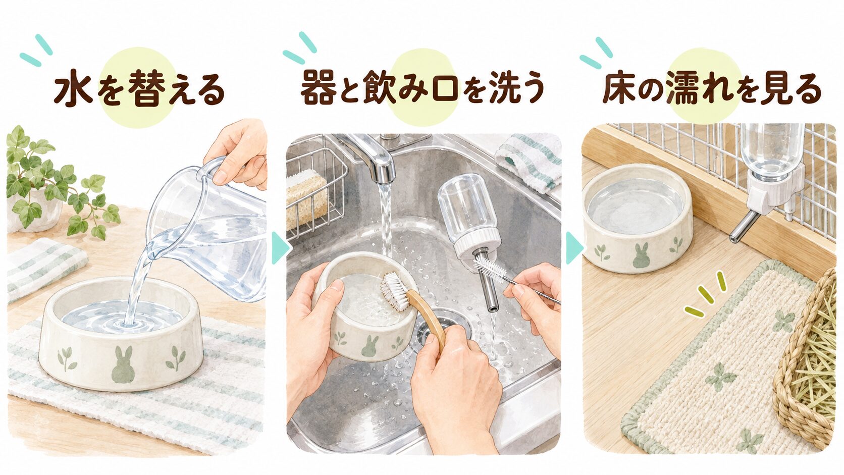 うさぎの飲み水を替え、容器と飲み口を洗い、周囲の床の濡れを確認する3コマの図。