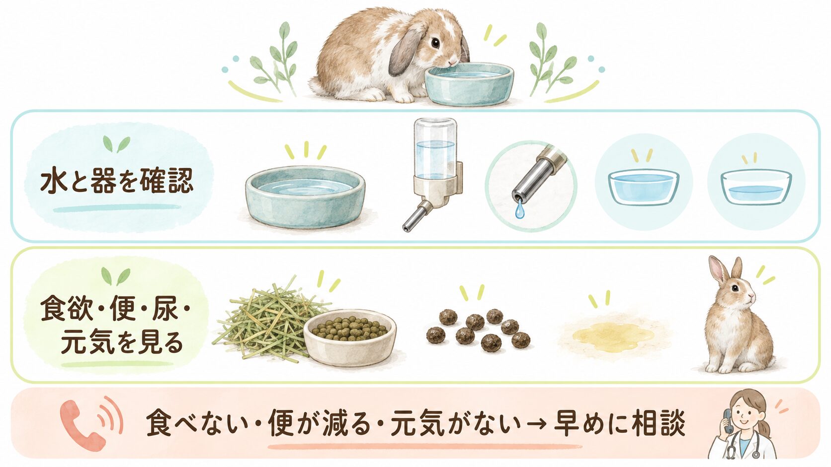 うさぎの飲み方が変わったときに、水と器、食欲・便・尿・元気を見て、異常があれば早めに相談する図。