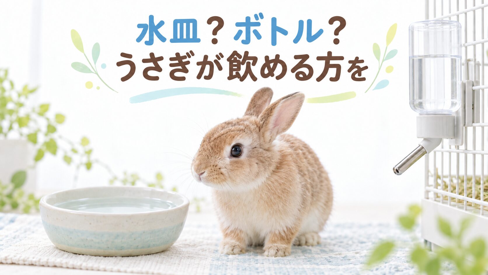 水皿と給水ボトルの間にいるうさぎ。画像内の文言は「水皿？ボトル？ うさぎが飲める方を」。