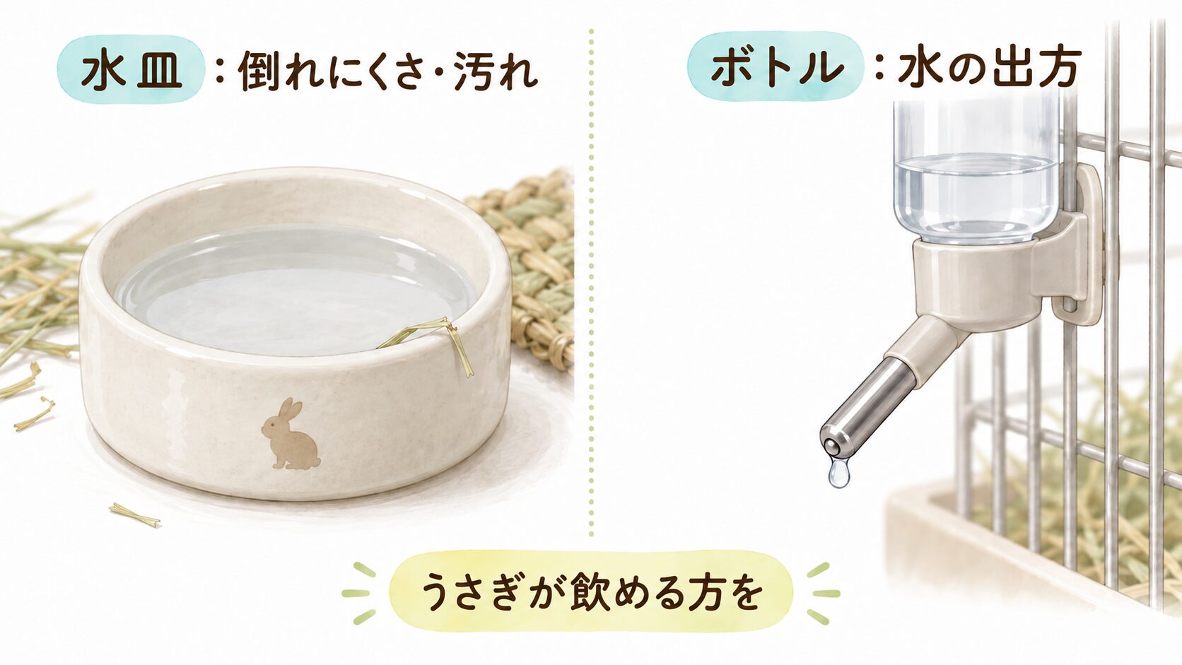 うさぎ用の水皿では転倒と汚れ、給水ボトルでは飲み口から水が出るかを比べた図。