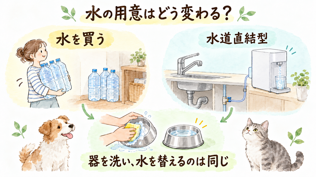 購入した水と水道直結型の用意の違い、共通の器の手入れを示すイラスト