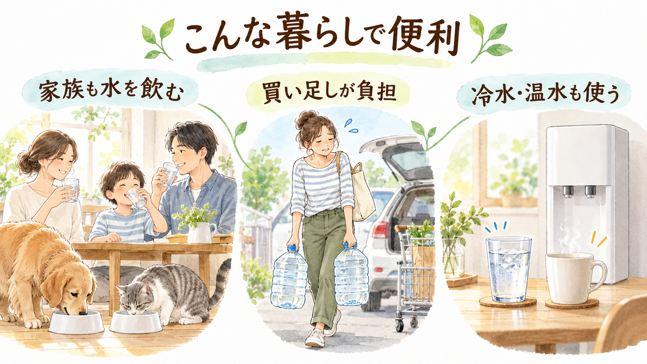 家族の飲み水、購入した水の運搬、冷温水を使う場面のイラスト