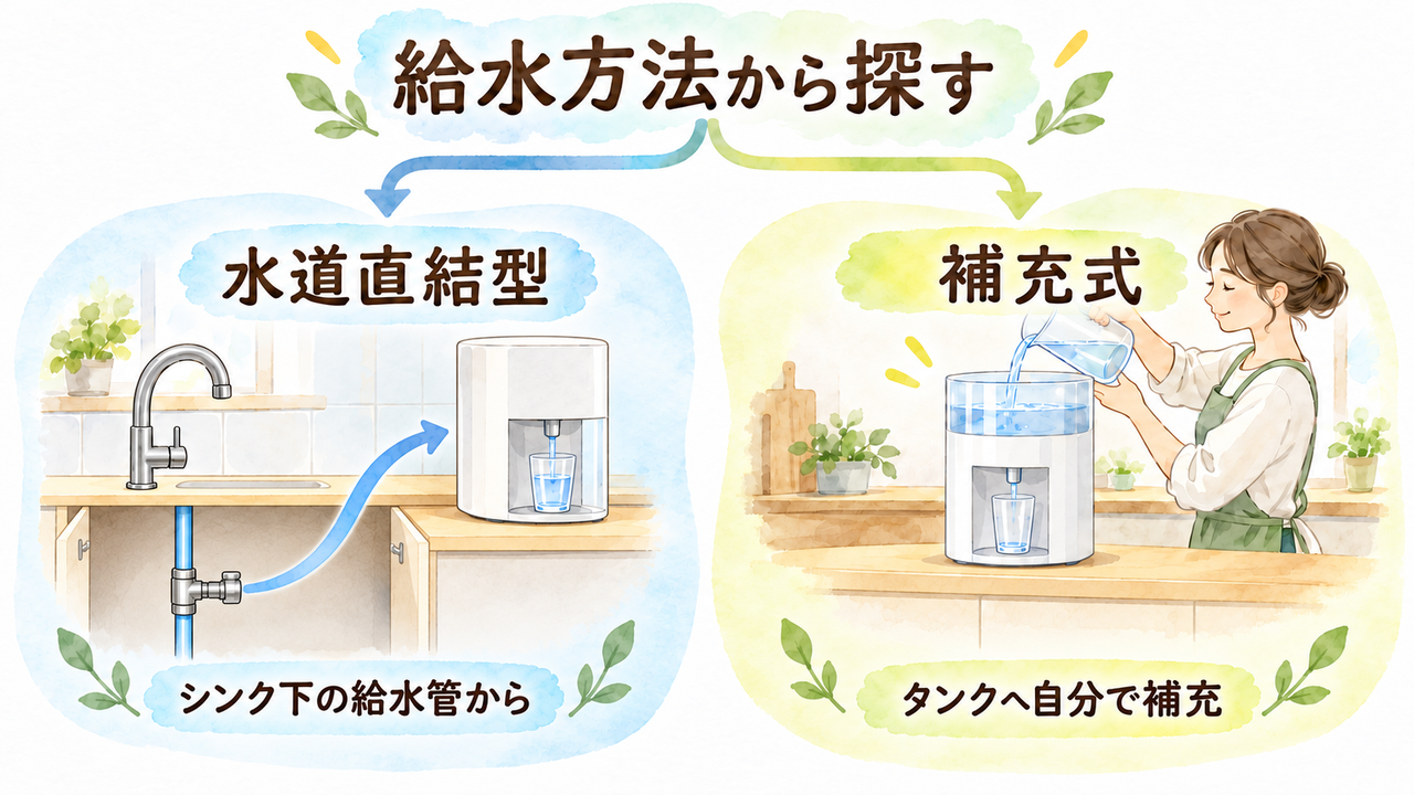 水道直結型と補充式の給水方法の違いを示すイラスト