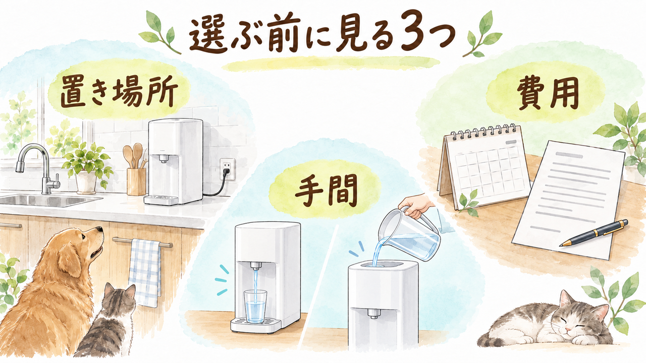 ウォーターサーバー選びで見る置き場所、給水の手間、費用のイラスト