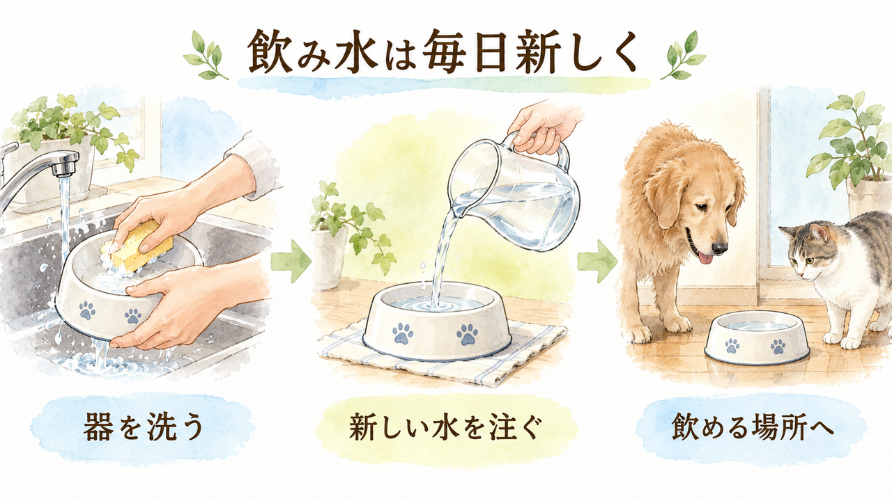 ペットの器を洗い、新しい水を入れて飲める場所へ置く手順のイラスト