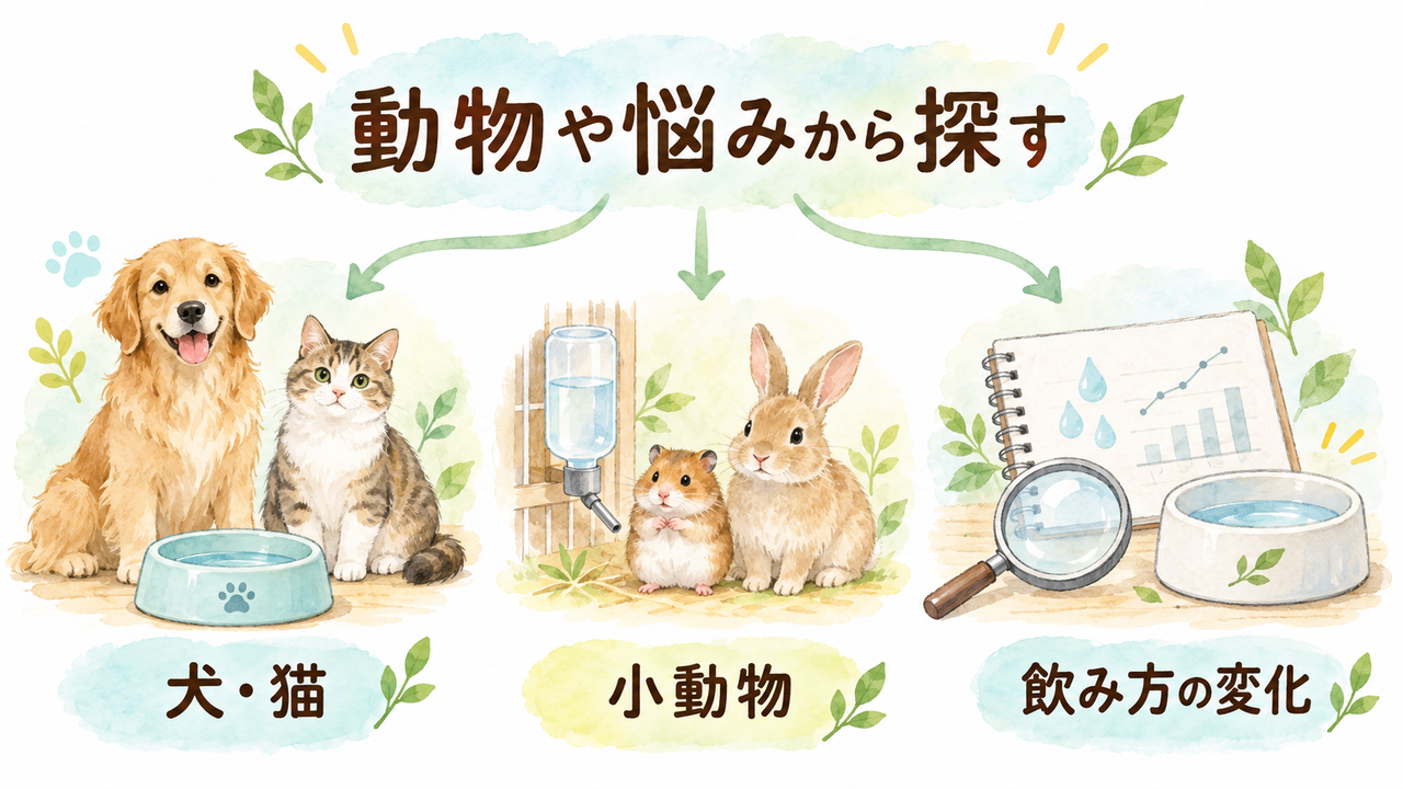 犬猫、小動物、飲み方の変化から関連記事を探す案内イラスト
