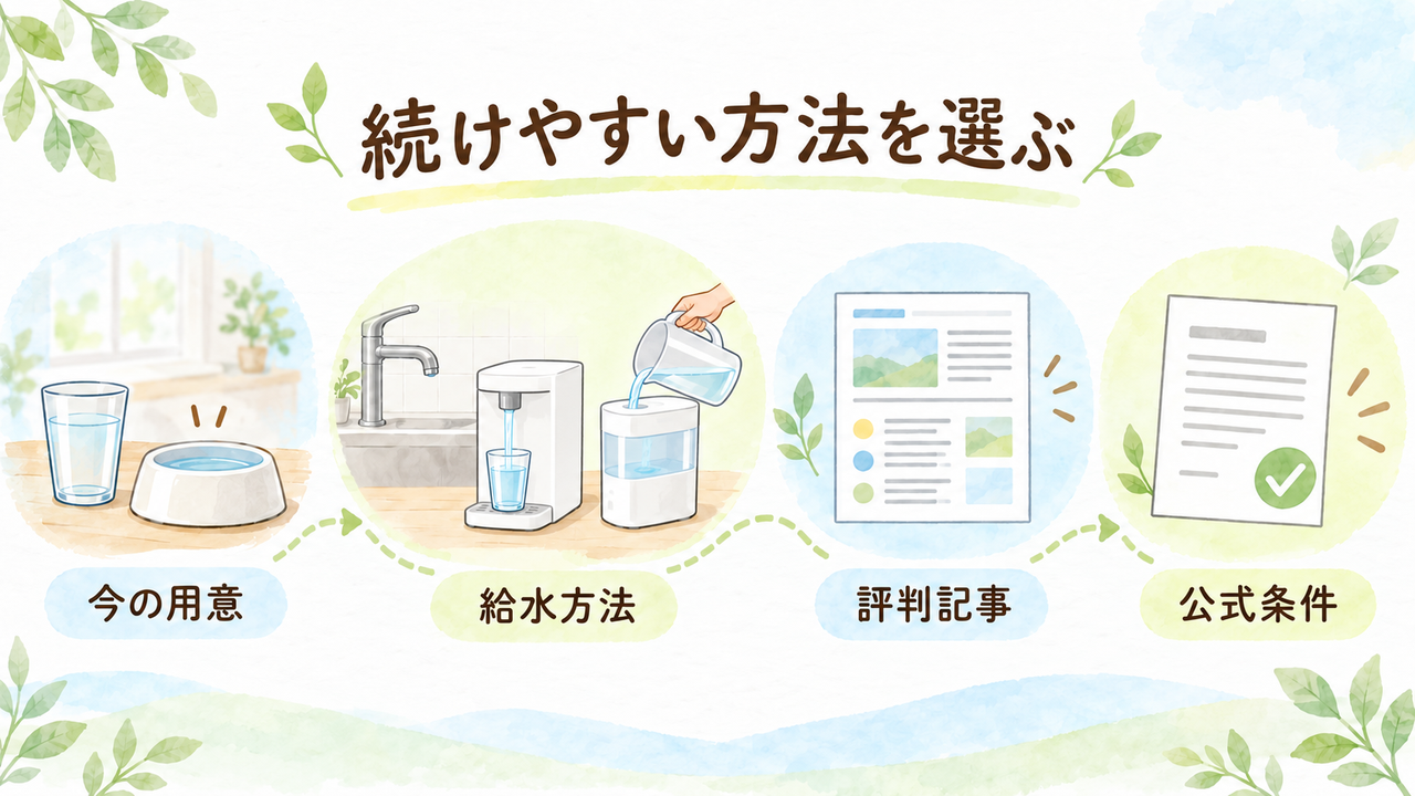今の水の用意から給水方法、評判記事、公式条件へ進む順番のイラスト