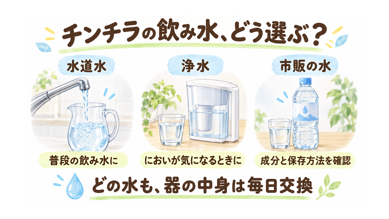 水道水・浄水・市販の水の選び方と毎日の交換を示すイラスト