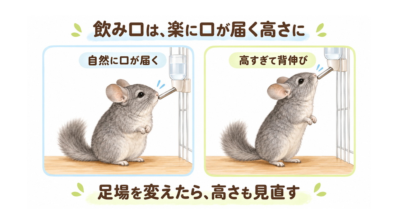 給水ボトルの高さをチンチラの飲む姿勢で見比べるイラスト