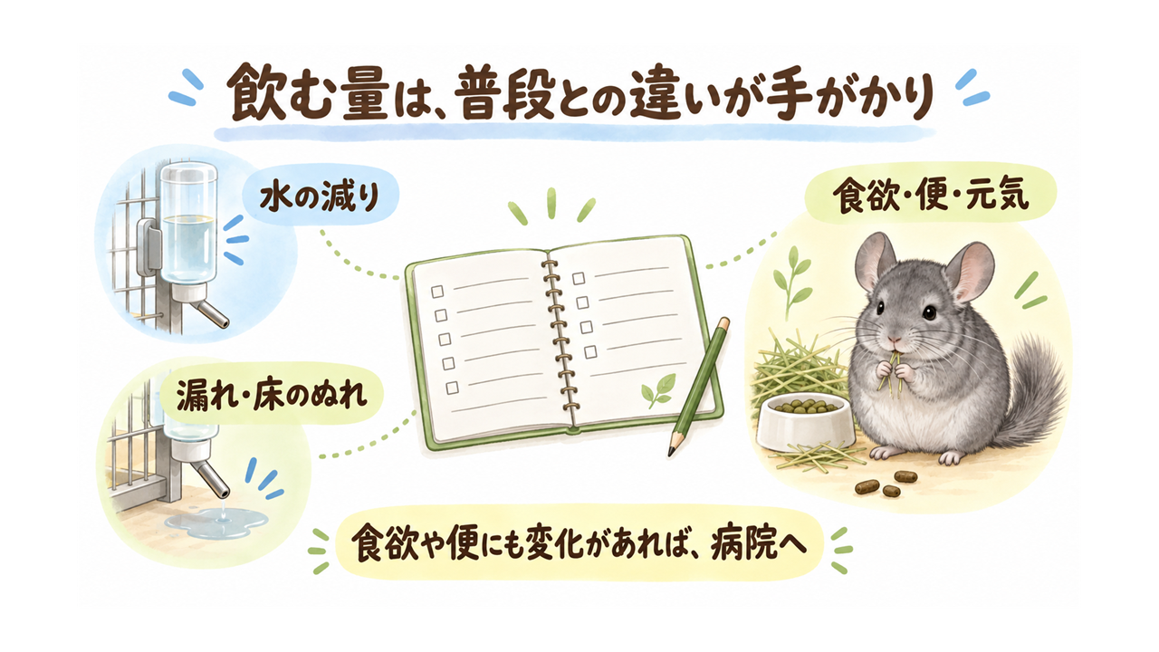 飲み水の減りと漏れ、食欲・便・元気を一緒に記録するイラスト