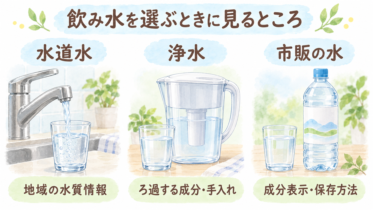 水道水・浄水・市販の水それぞれで見るポイントを示したイラスト