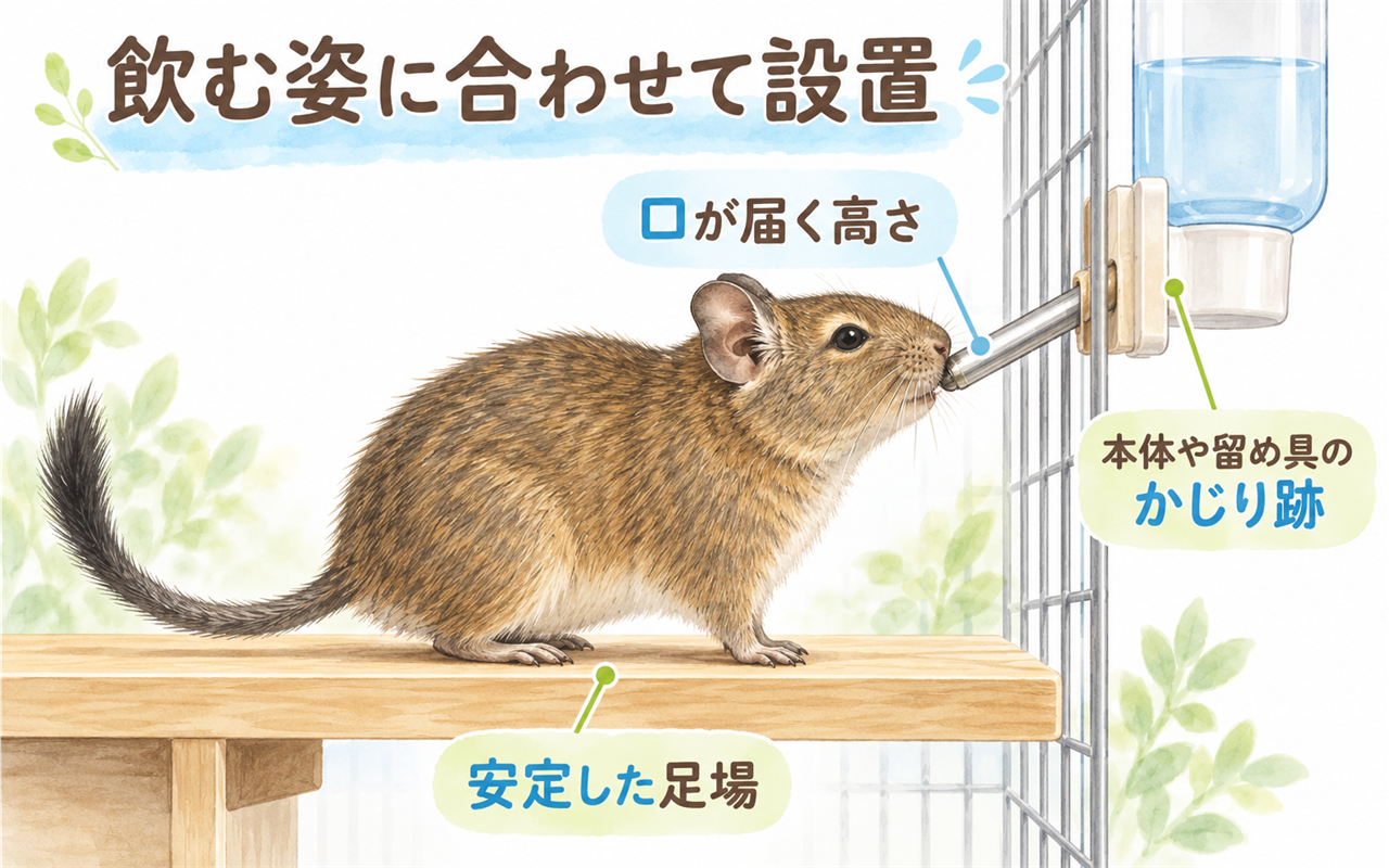 デグーの飲む姿と足場を見ながら、ボトルの位置やかじり跡を点検するイラスト