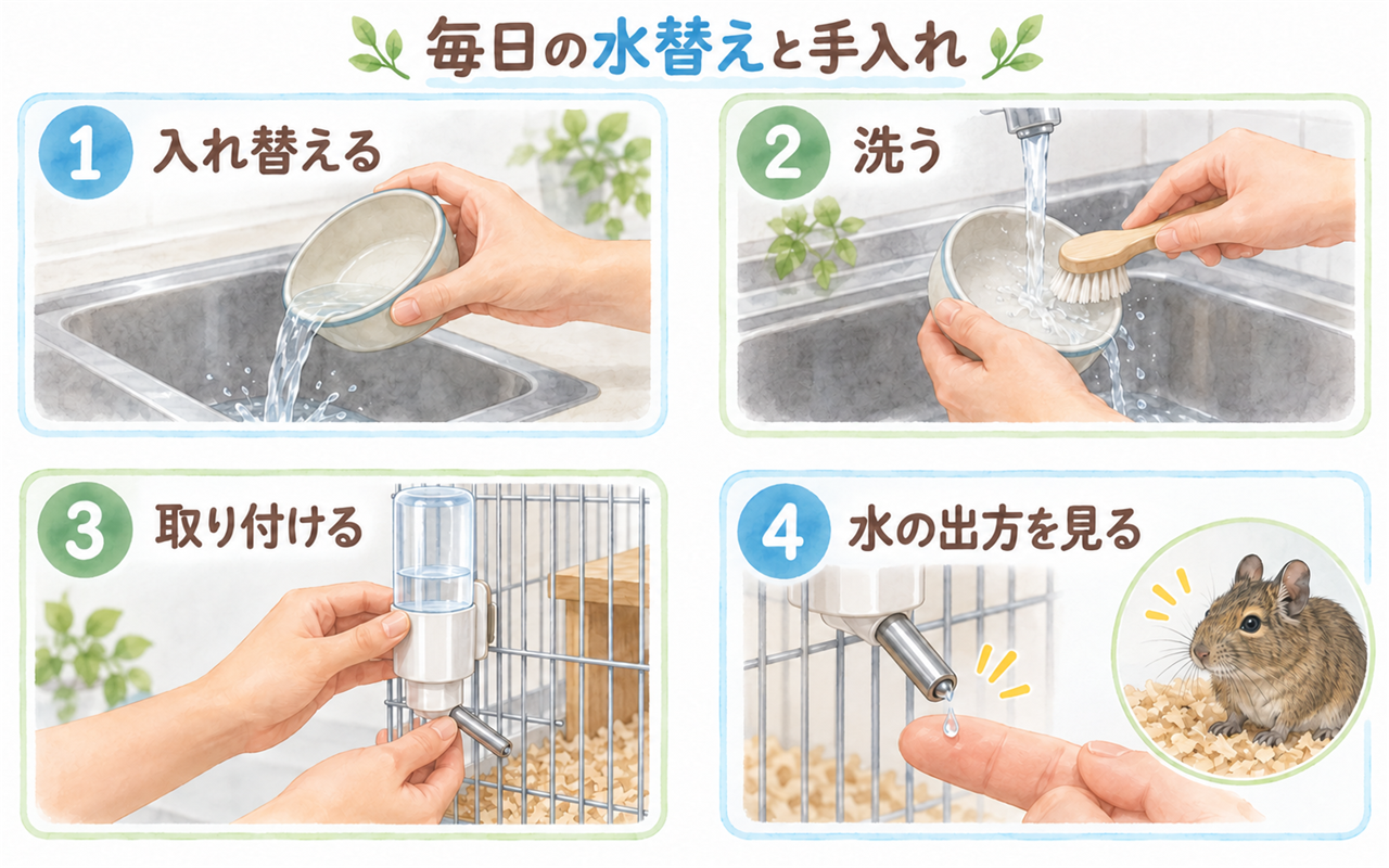 水の入れ替え、器の洗浄、取り付け、出水と漏れの点検を示す4コマのイラスト