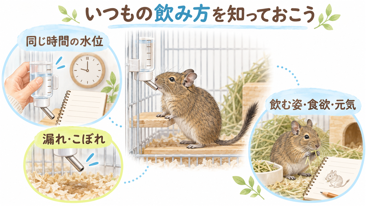 同じ時間の水位、漏れやこぼれ、デグーの飲む姿と食欲・元気を見守るイラスト