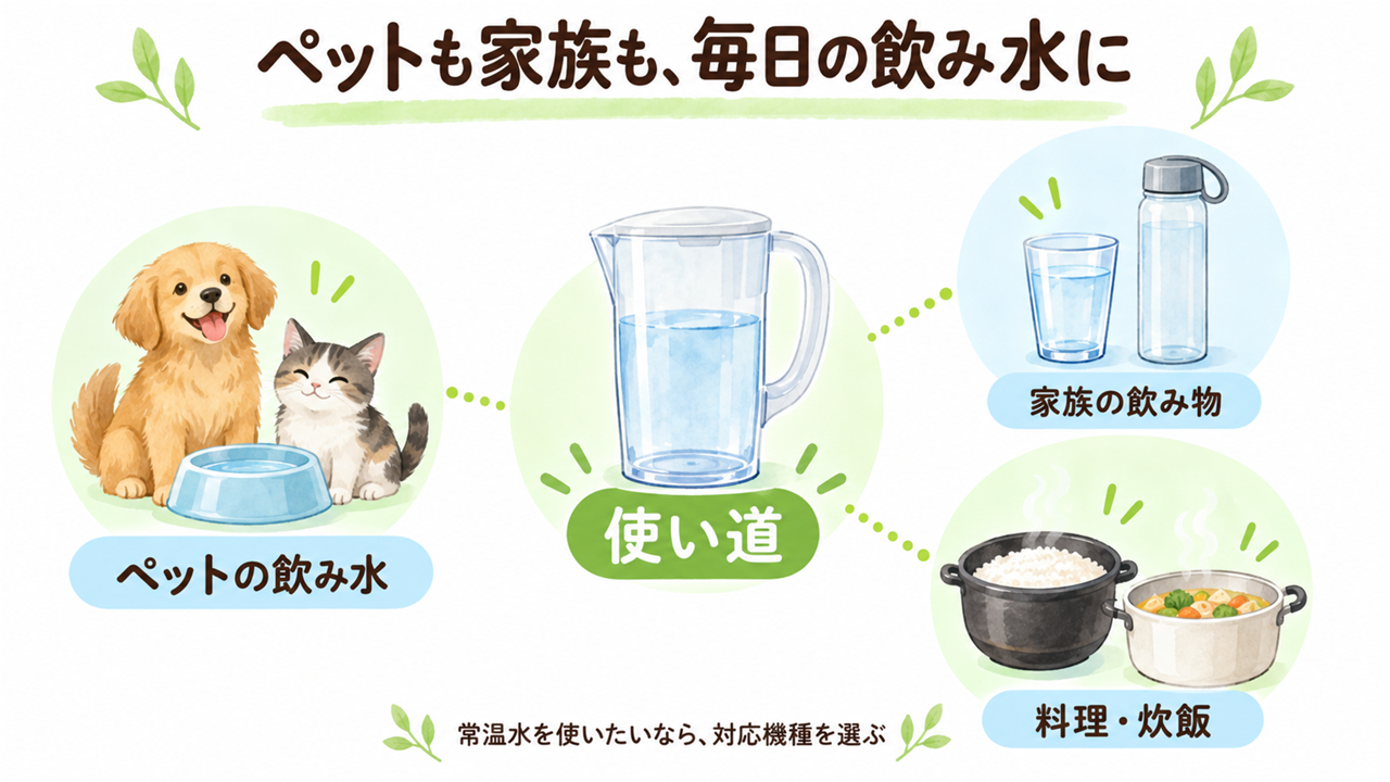ペットの飲み水、家族の飲み物、料理という三つの使い道を示す図