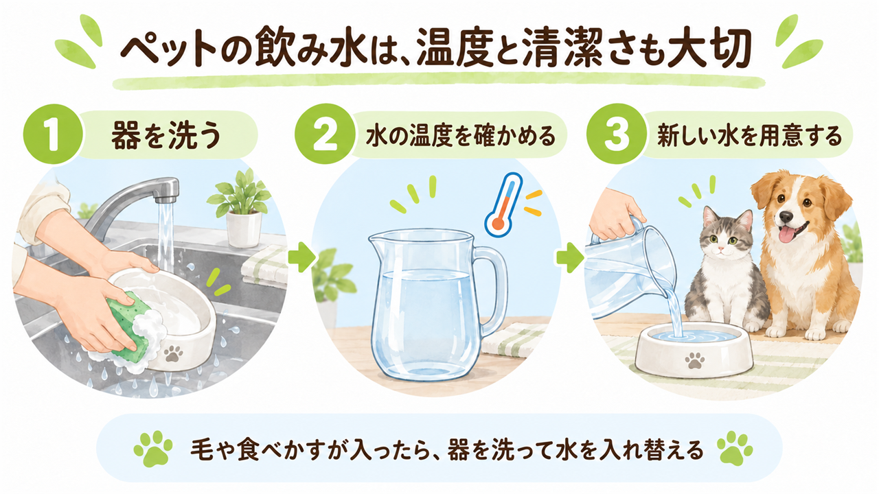 器を洗い、飲ませる水の温度を確かめ、新しい水を用意する三つの手順
