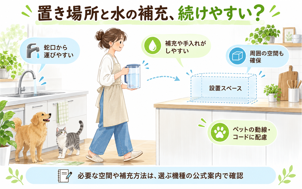 蛇口からの距離、補充する動作、周囲の空間、ペットの動線を考える設置図