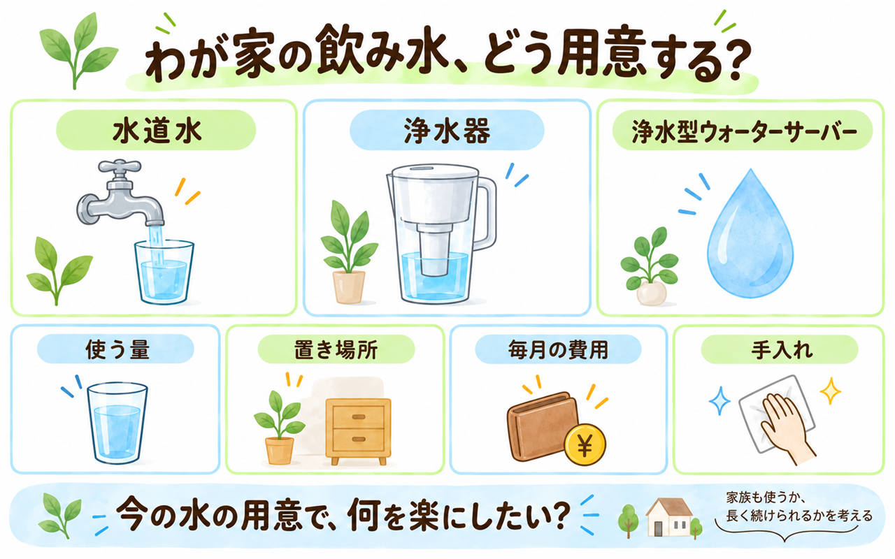水道水、浄水器、浄水型ウォーターサーバーを使う量、置き場所、費用、手入れで比べる図