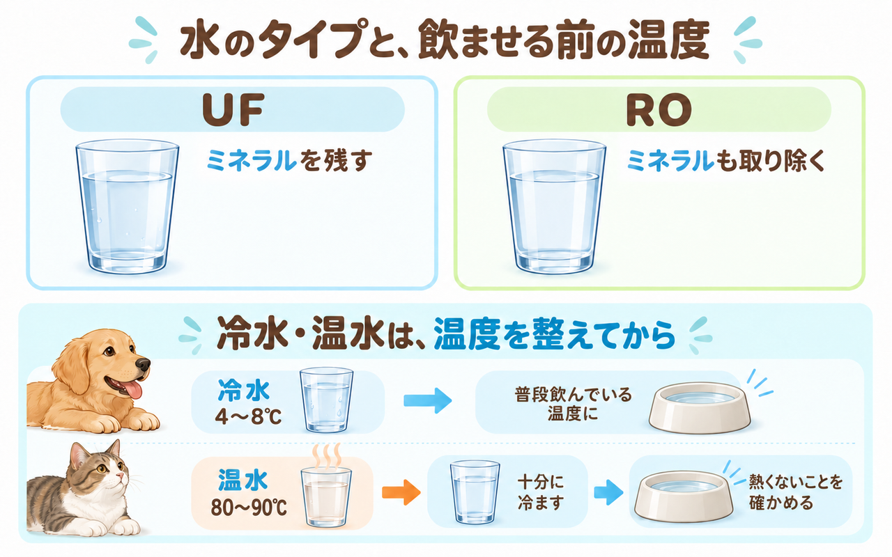 UFはミネラルを残し、ROはミネラルも取り除く。冷水は普段飲んでいる温度に整え、温水は十分に冷まして熱くないことを確かめる。