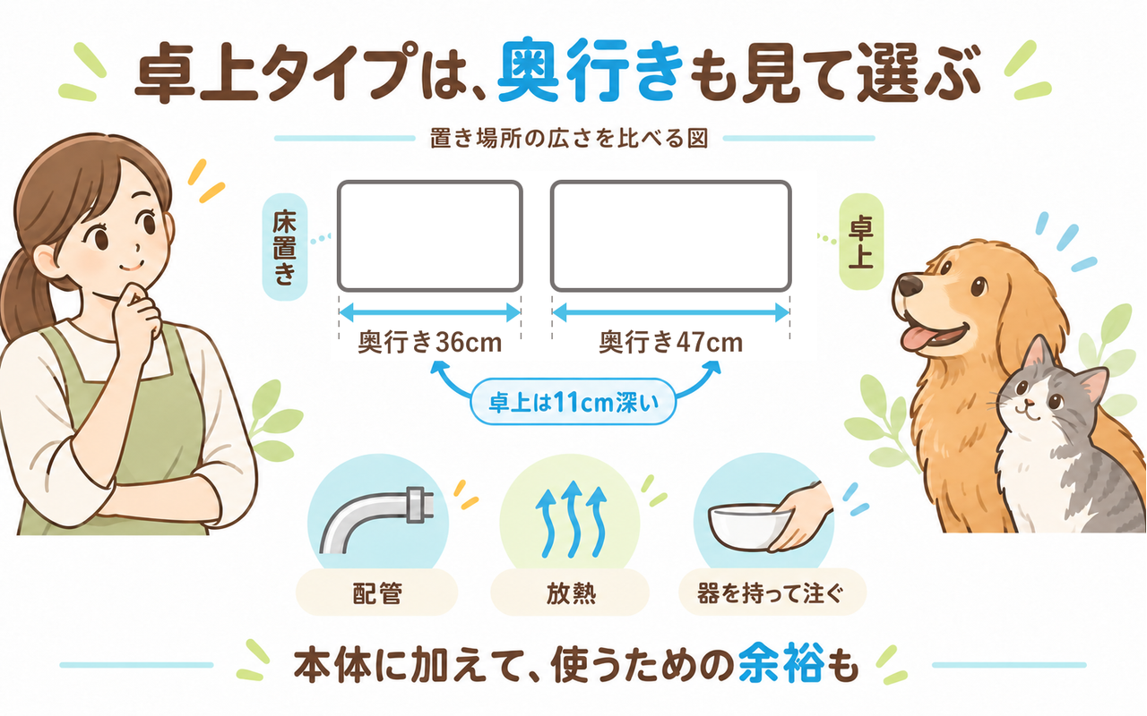 OCEANの奥行きは床置き36cm、卓上47cmで、卓上が11cm深い。本体以外に配管、放熱、器を持って注ぐための余裕も必要。