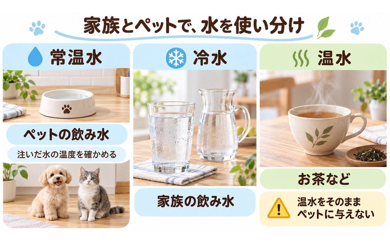 プティオの常温水、冷水、温水をペットと家族で使い分ける図